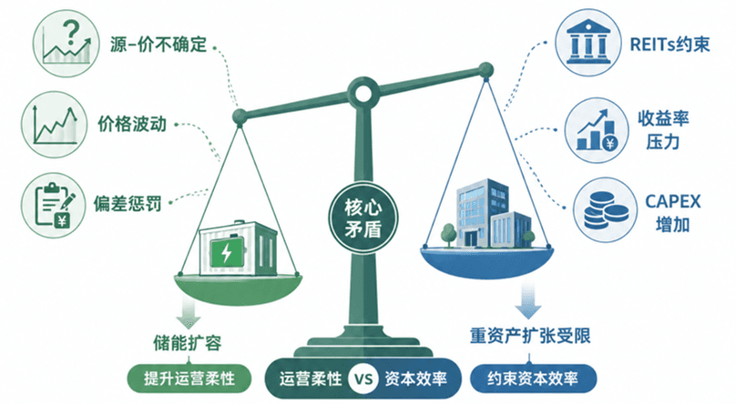 储能扩容的运营柔性与REITs约束收益率压力及资本支出增加之间的权衡示意图