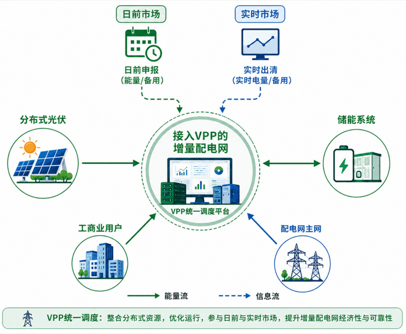 增量配电网连接分布式光伏储能工商业用户和主网并参与日前与实时市场的架构图