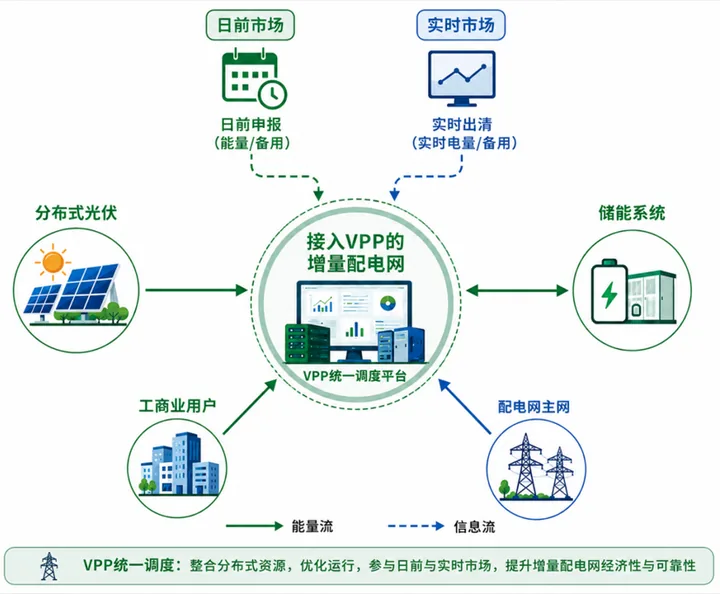 增量配电网连接分布式光伏储能工商业用户和主网并参与日前与实时市场的架构图